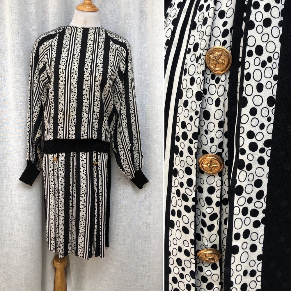 ADOLFO brocade silk polka dots black and white  blouse and skirt ensemble lalala